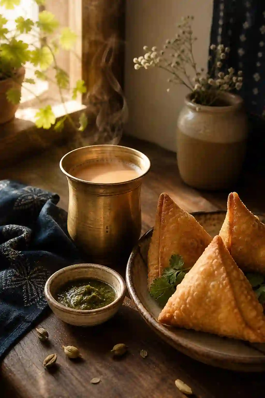 Atmosphärische Aufnahme von Masala Chai und indischen Samosas