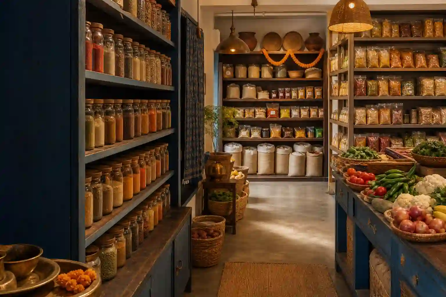 Atmosphärische Aufnahme eines indischen Grocery Stores mit Gewürzen und frischen Lebensmitteln