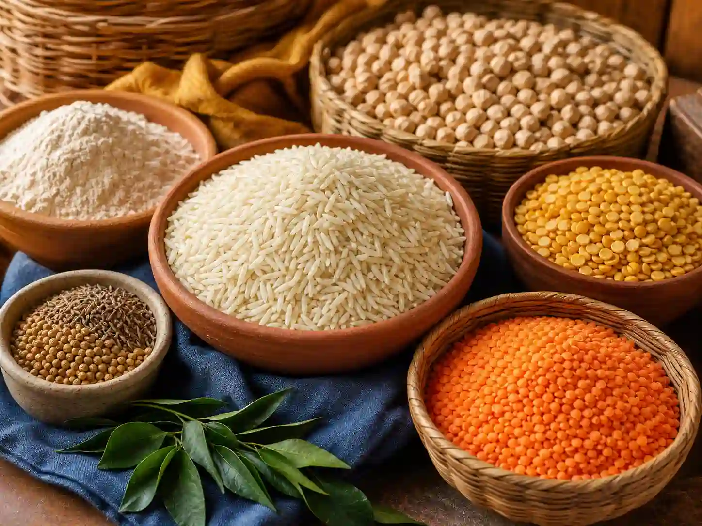Atmosphärische Aufnahme von Basmati-Reis, Linsen und Kichererbsen