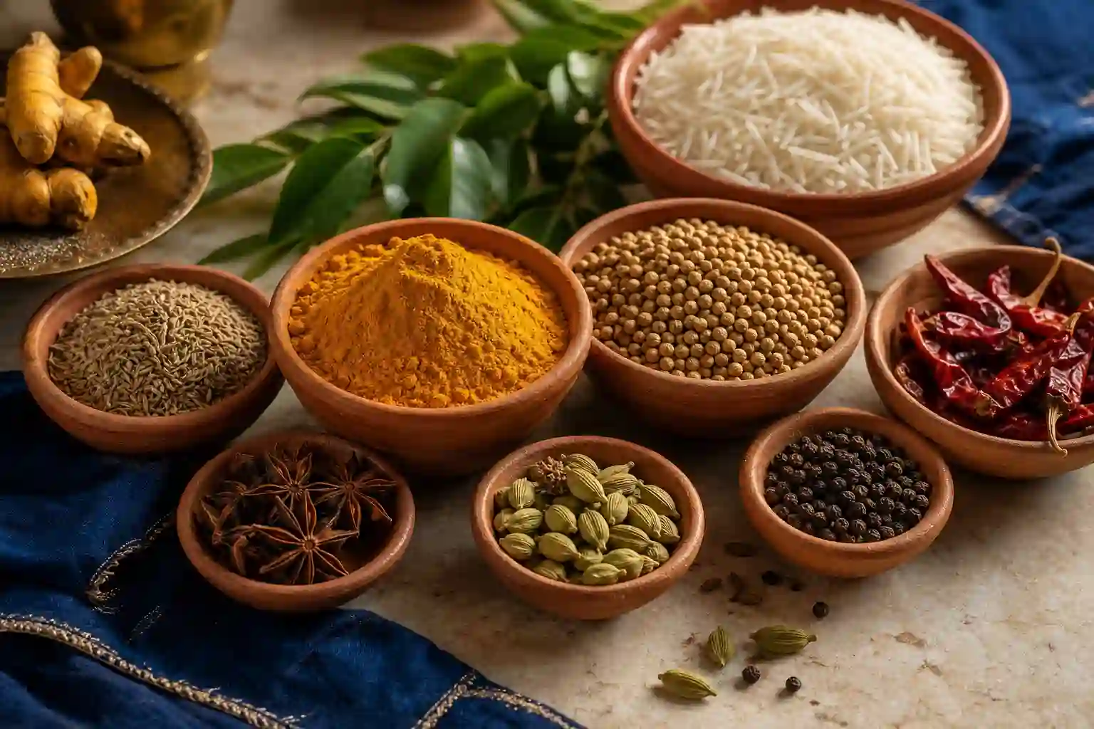 Atmosphärische Aufnahme von indischen Gewürzen, Reis und Curryblättern